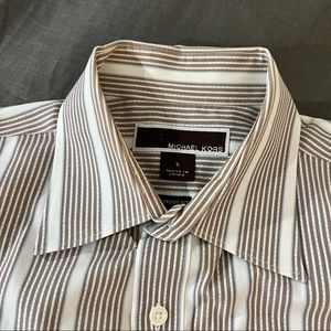 Michael Kors Mens Button Down Long Sleeve Dress Shirt - Brown & White Stripe S